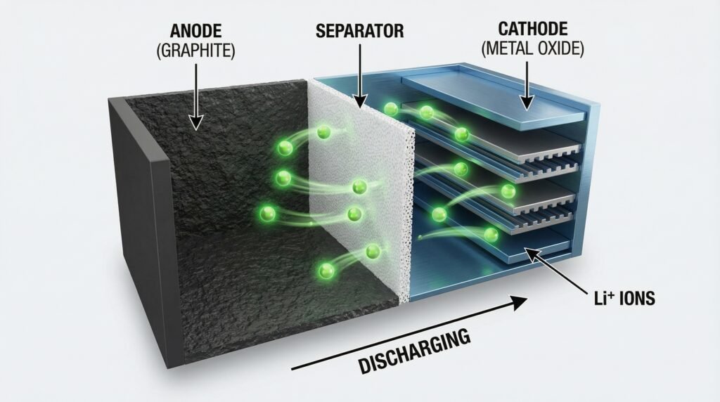 3D diagram illustrating the internal layers of a lithium-ion battery and the flow of ions during discharge.