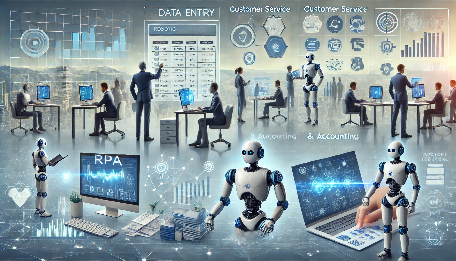 Illustration showing Robotic Process Automation streamlining tasks in data entry, healthcare, finance, and IT