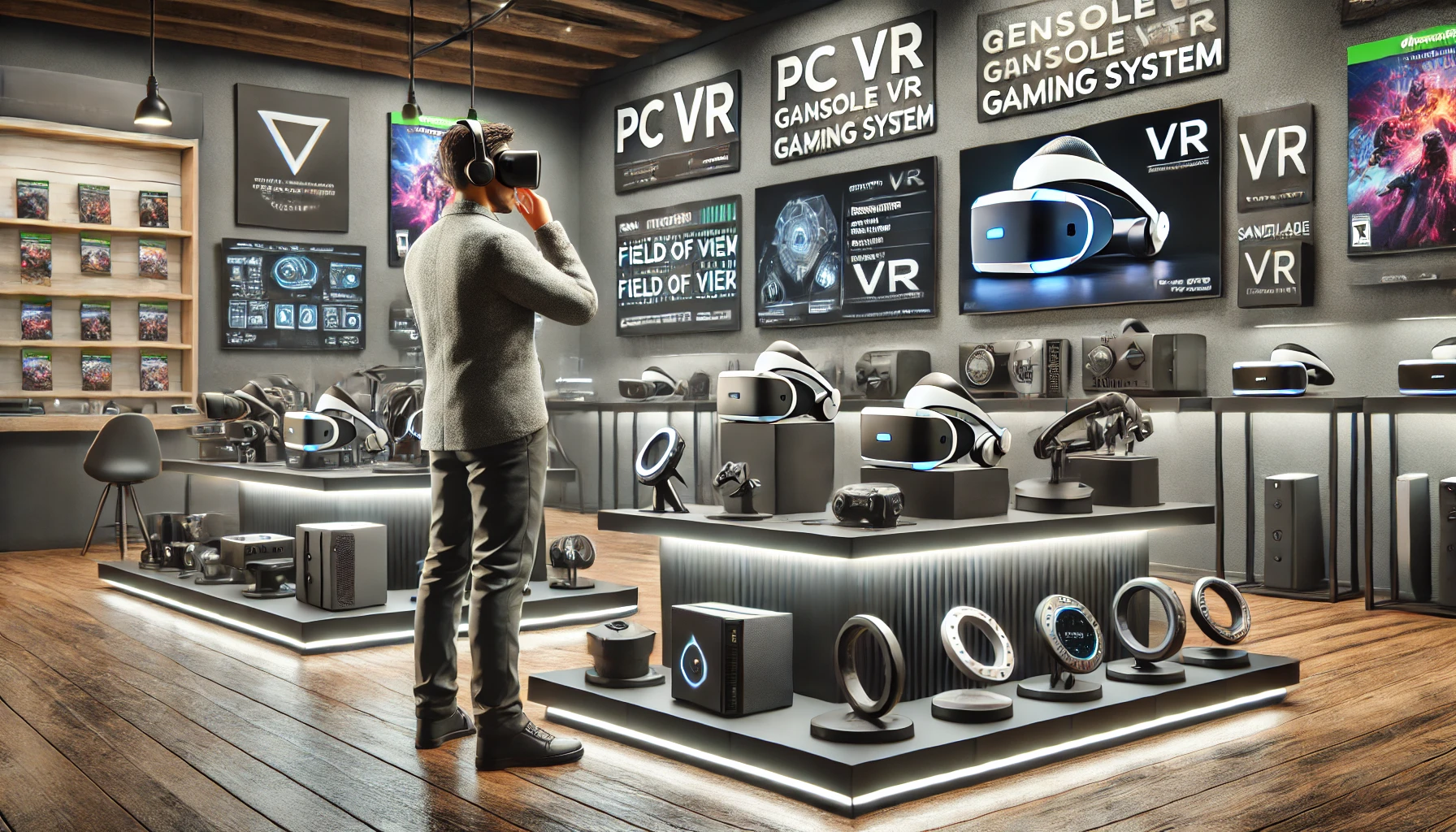 Person exploring various Virtual Reality Gaming Systems in a modern showroom, comparing key features