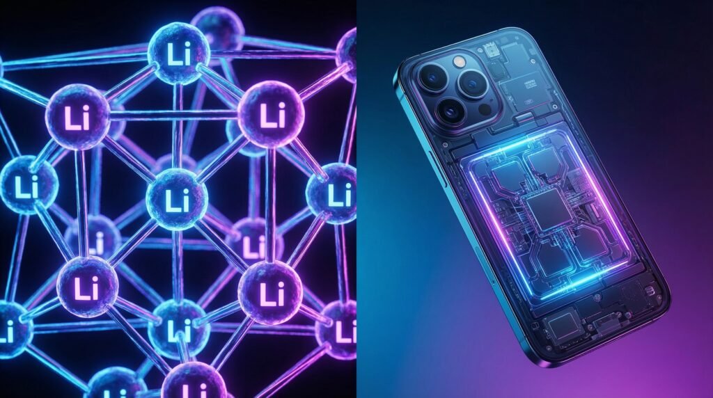 Concept illustration showing the chemical composition of lithium-ion technology powering a modern smartphone.