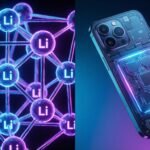Concept illustration showing the chemical composition of lithium-ion technology powering a modern smartphone.