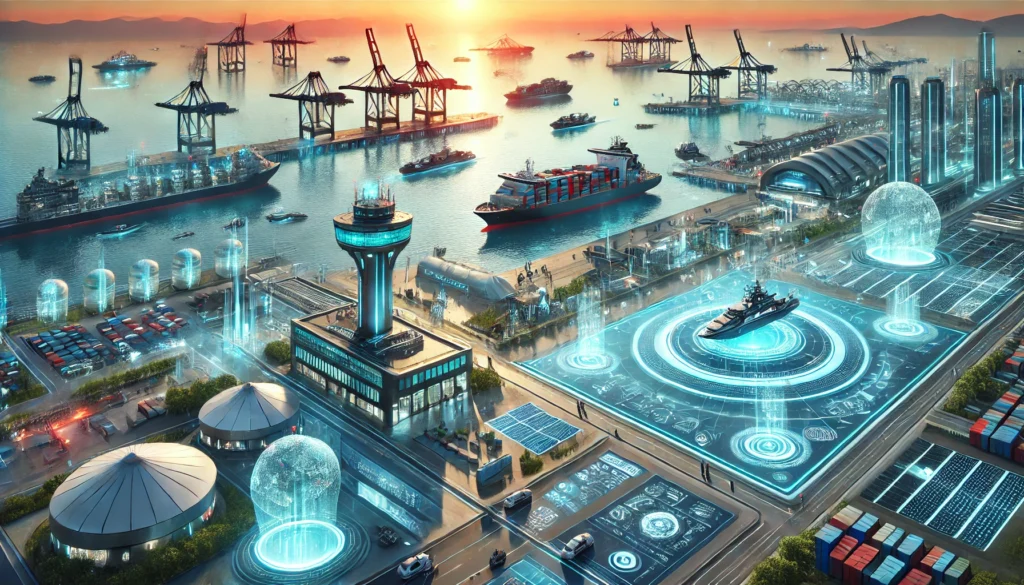 maritime technologies complex: Futuristic maritime port showcasing advanced technology, with autonomous ships, high-tech control towers, smart docking systems, holographic displays, and innovative infrastructure under a vibrant sunset.