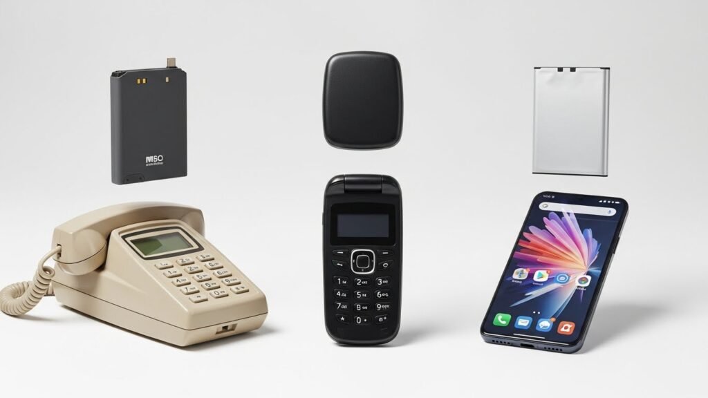Evolution of mobile phones and their batteries from 1980s brick phones to modern smartphones.