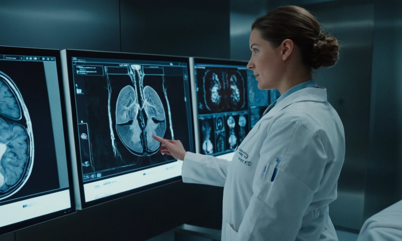 Radiologist reviewing brain MRI scans on multiple monitors, illustrating AI-assisted medical imaging