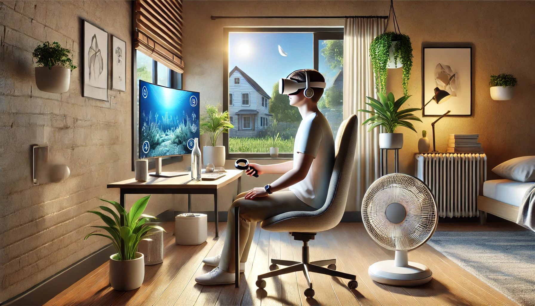 Person in a calm room using VR headset with strategies to prevent or minimize motion sickness