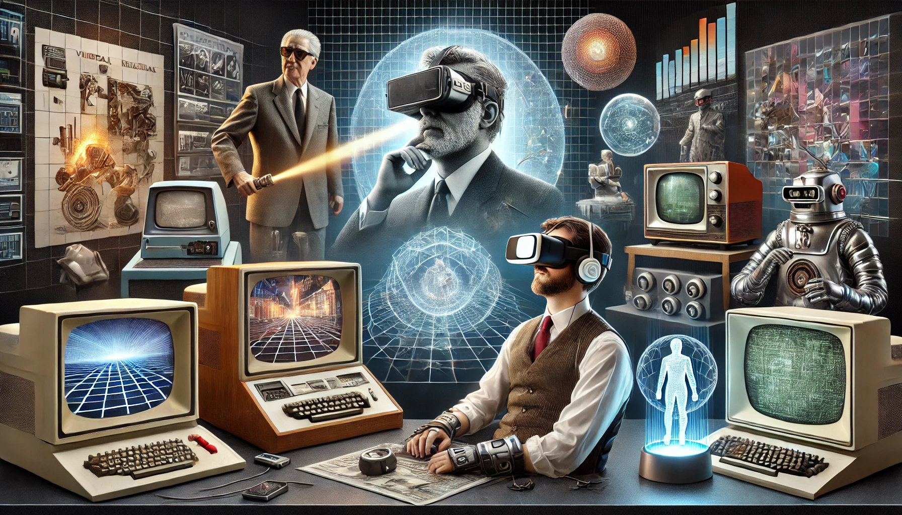 Illustration showcasing The Birth of Modern Virtual Reality, featuring early VR headsets and innovations