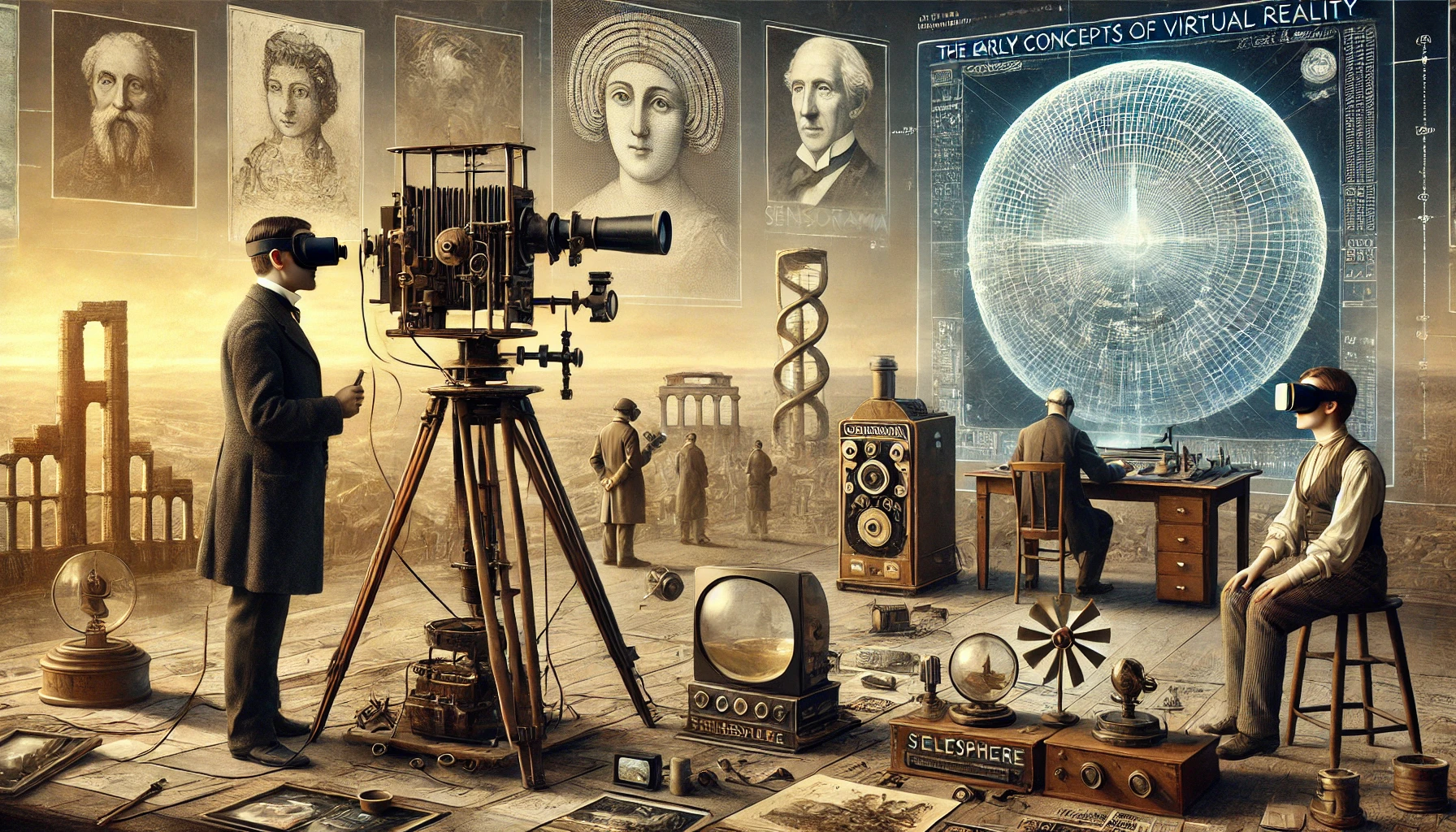 Illustration showcasing The Early Concepts of Virtual Reality, featuring historical VR devices and milestones