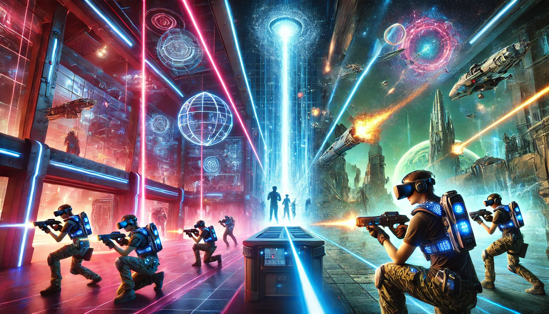 Dynamic image showcasing the evolution of laser tag, from neon arenas to immersive VR environments