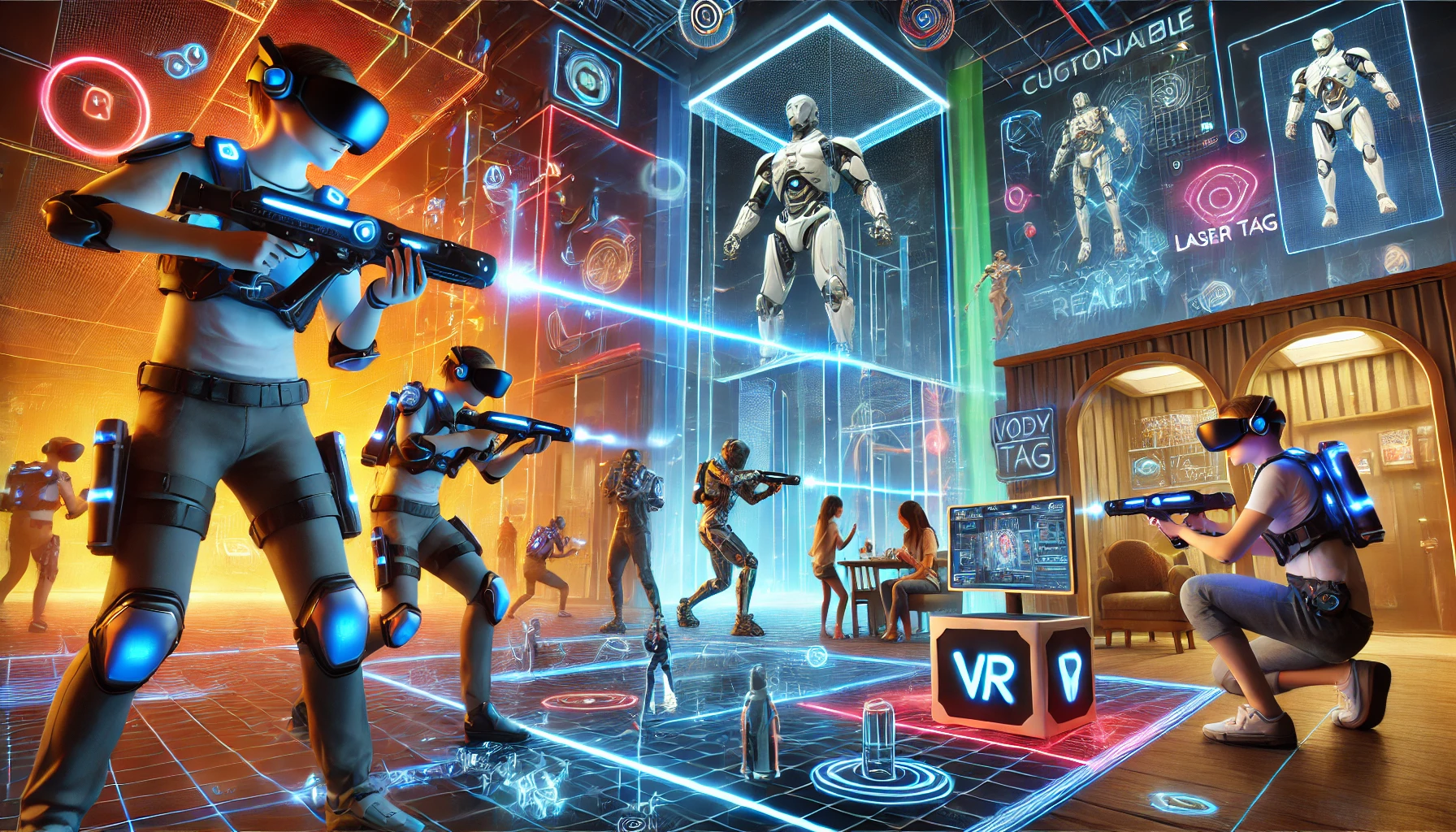 Immersive scene showcasing the future of virtual reality laser tag with customizable arenas and AI