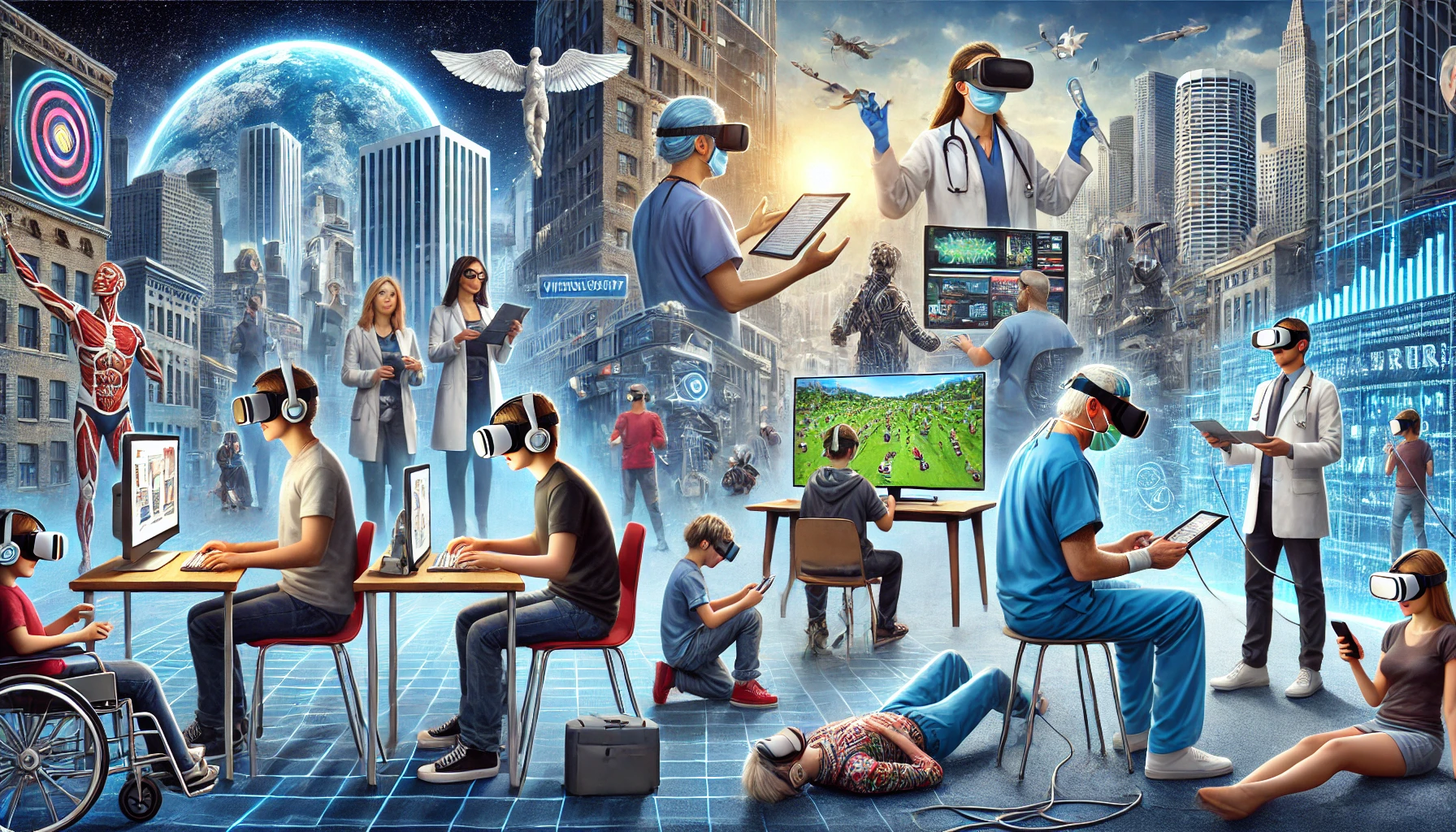 Illustration showcasing The Impact of Virtual Reality Systems on Society in education, healthcare, and gaming