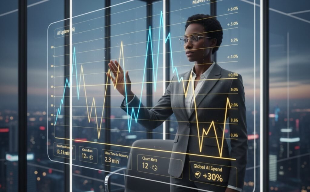 Investor analyzing AI platform uptime and market valuation trends on a holographic display.