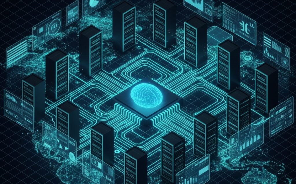 3D isometric diagram of an AI GPU cluster architecture and data flow