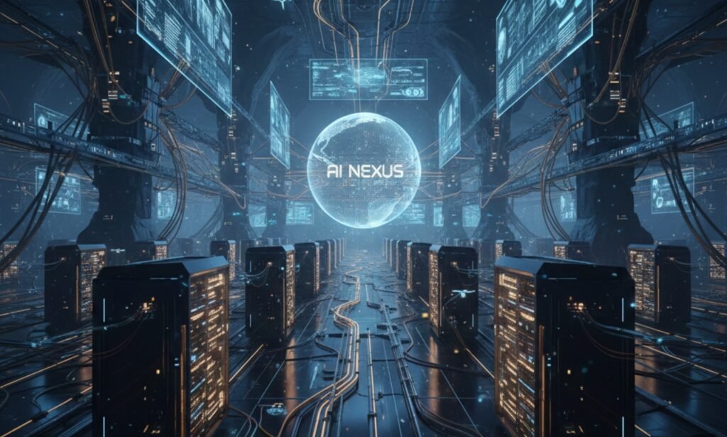 Futuristic AI data center with glowing server racks representing the massive infrastructure behind AI Relative Information.