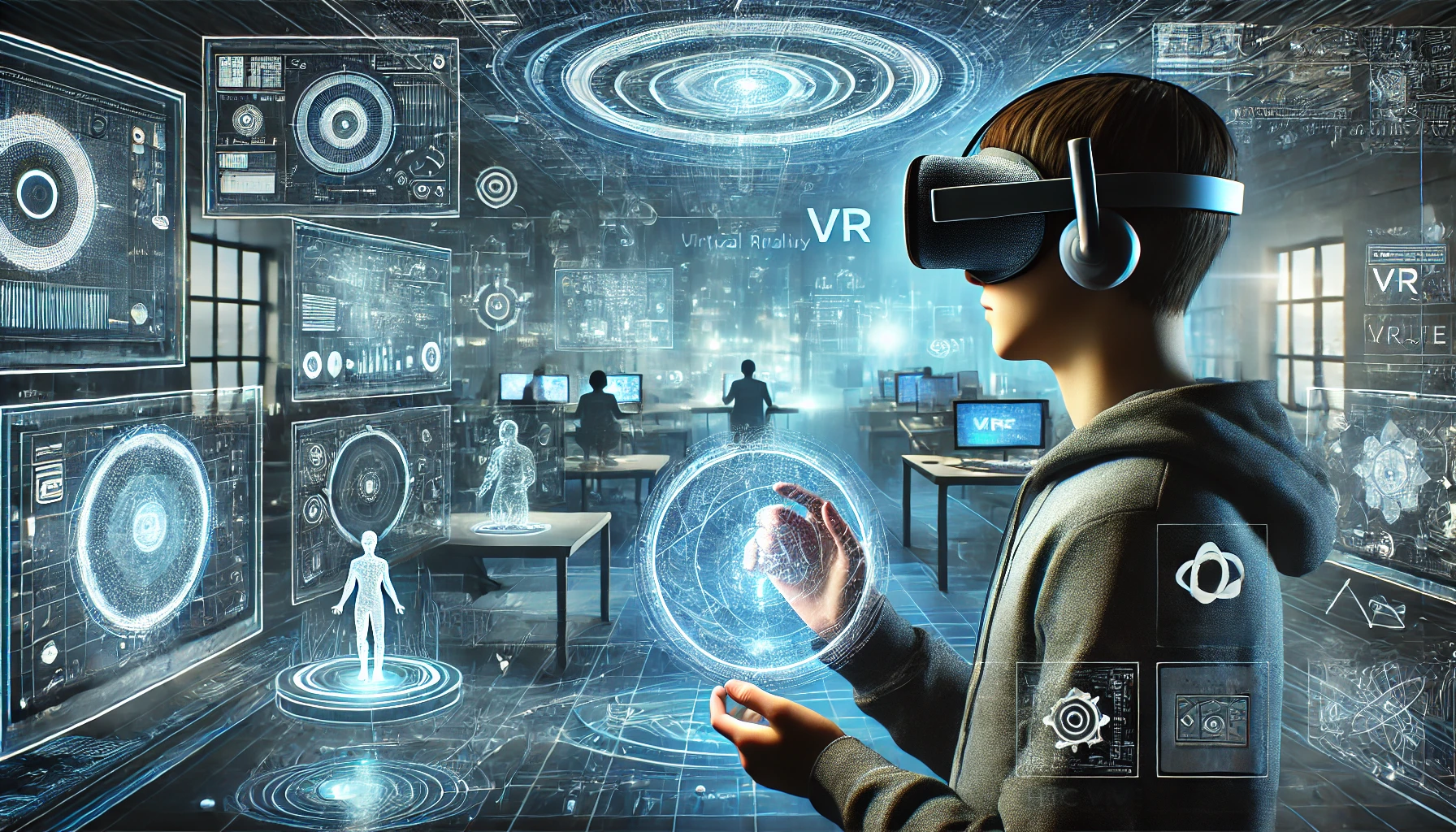 Person using advanced VR headset surrounded by holograms, showcasing virtual reality in the present