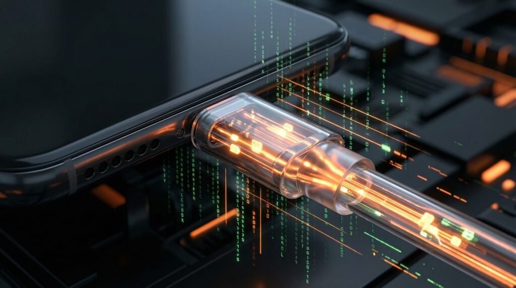 Visualization of high-speed USB Power Delivery (PD) charging current flowing into a smartphone.