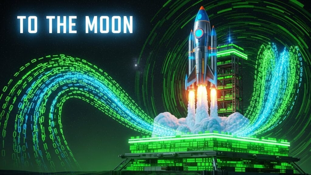 A digital art piece showing a rocket launching from data blocks, symbolizing rapid business growth and data-driven success.