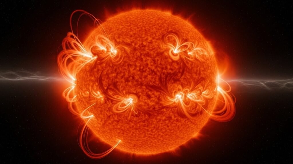 High-resolution 3D render of the Sun showing solar flares and corona