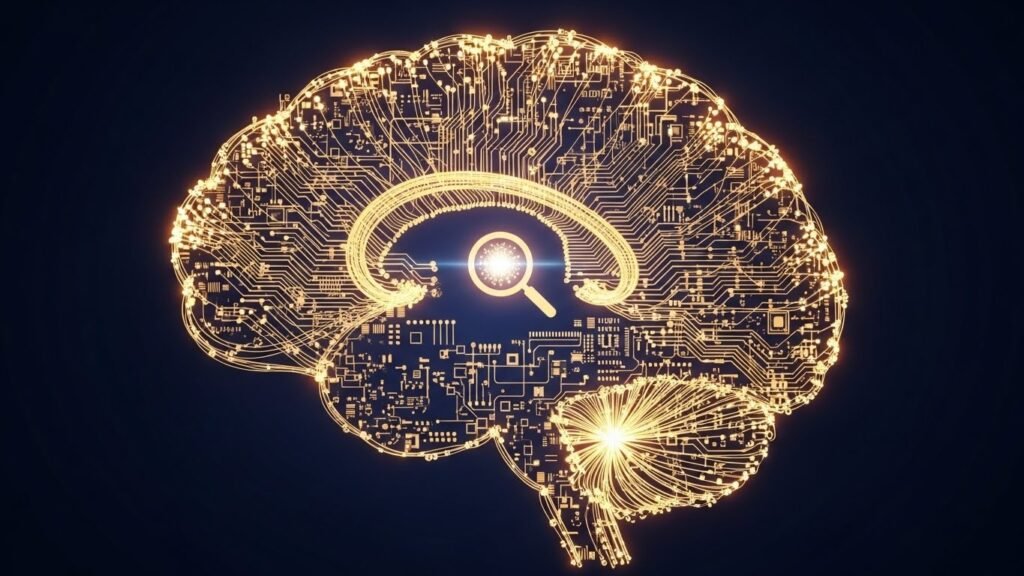 Concept art of a glowing digital brain made of circuits, symbolizing Artificial Intelligence and search engine Robotics Engineeringalgorithms.