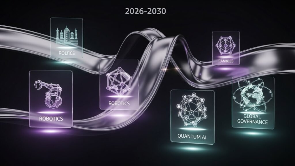 Hyper-futuristic timeline infographic showing predicted AI milestones from 2026 to 2030, including Agentic Reality and Physical AI.