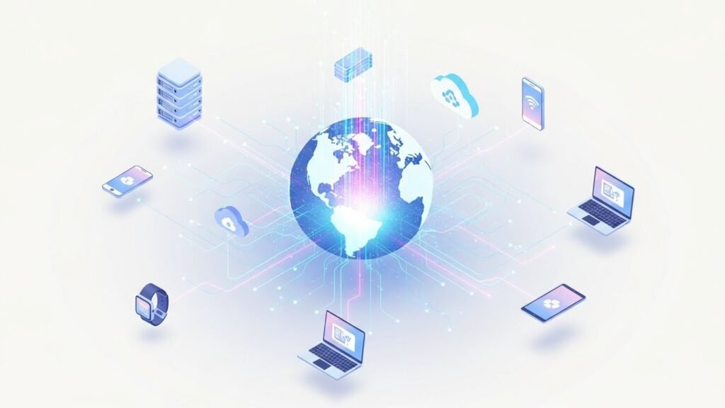 3D isometric illustration of a digital globe representing global connectivity, cloud computing, and networking.