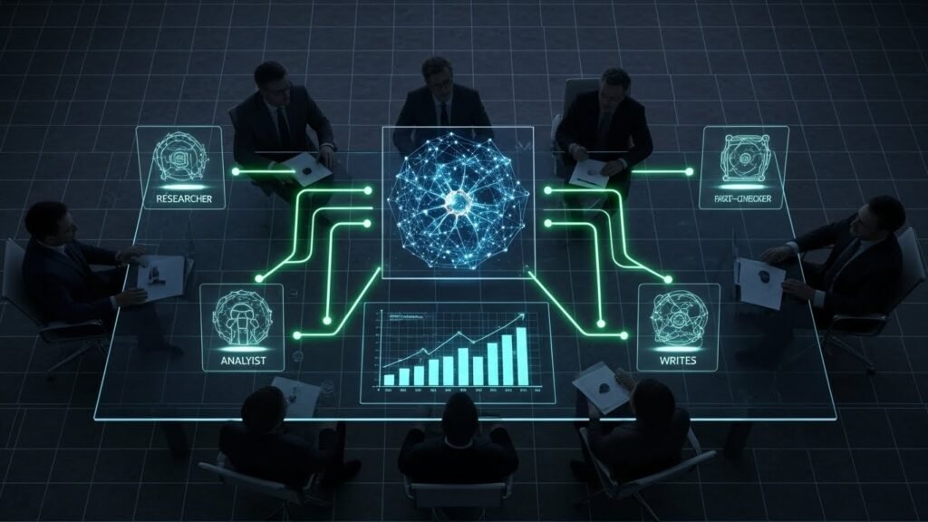 Professional visualization of human-AI collaboration in a corporate boardroom, illustrating the ROI of integrated AI strategies.