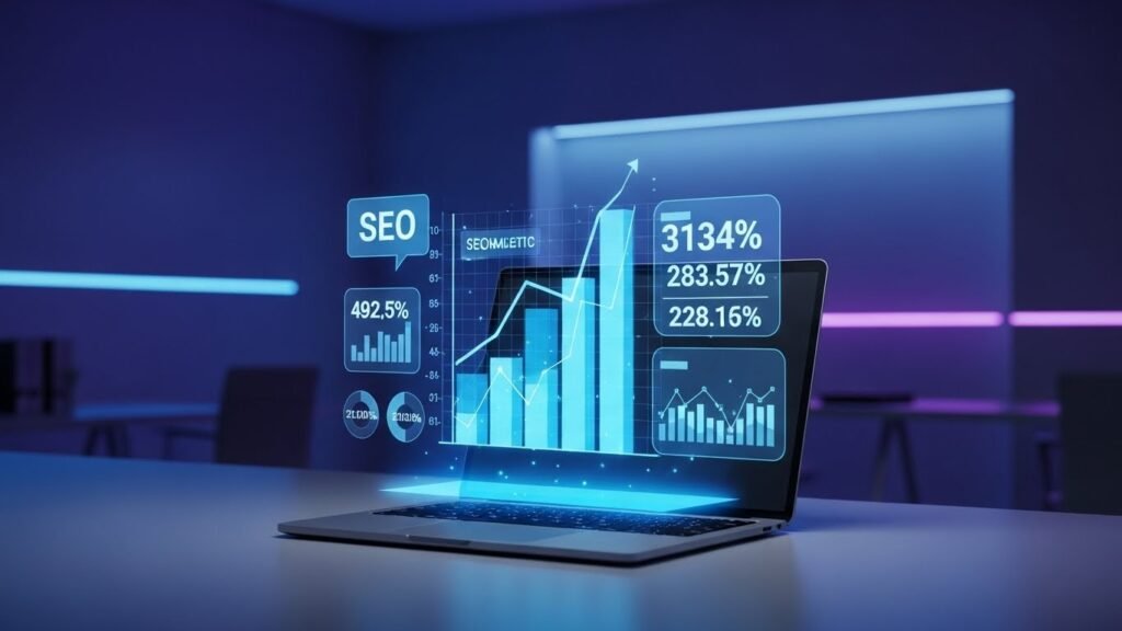 A futuristic digital marketing workspace featuring holographic SEO data and 3D analytics charts above a laptop in a modern office.