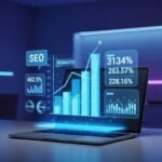 A futuristic digital marketing workspace featuring holographic SEO data and 3D analytics charts above a laptop in a modern office.