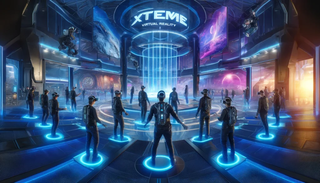 Futuristic hub showcasing Xtreme Virtual Reality as the next frontier in immersive entertainment