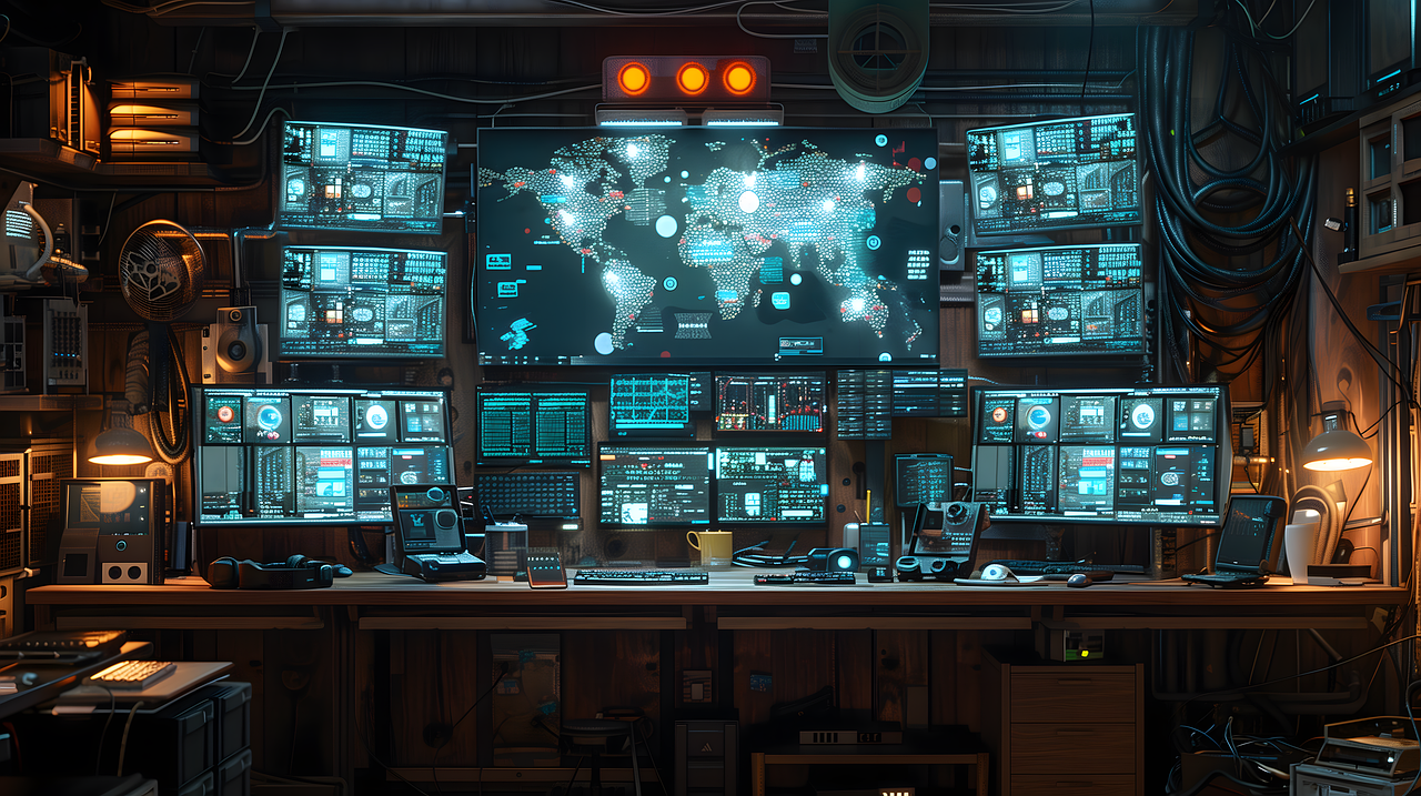 Desk workspace with multiple computer screens displaying data, illustrating complex training data