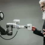 A robotic arm handing a white cup to a person