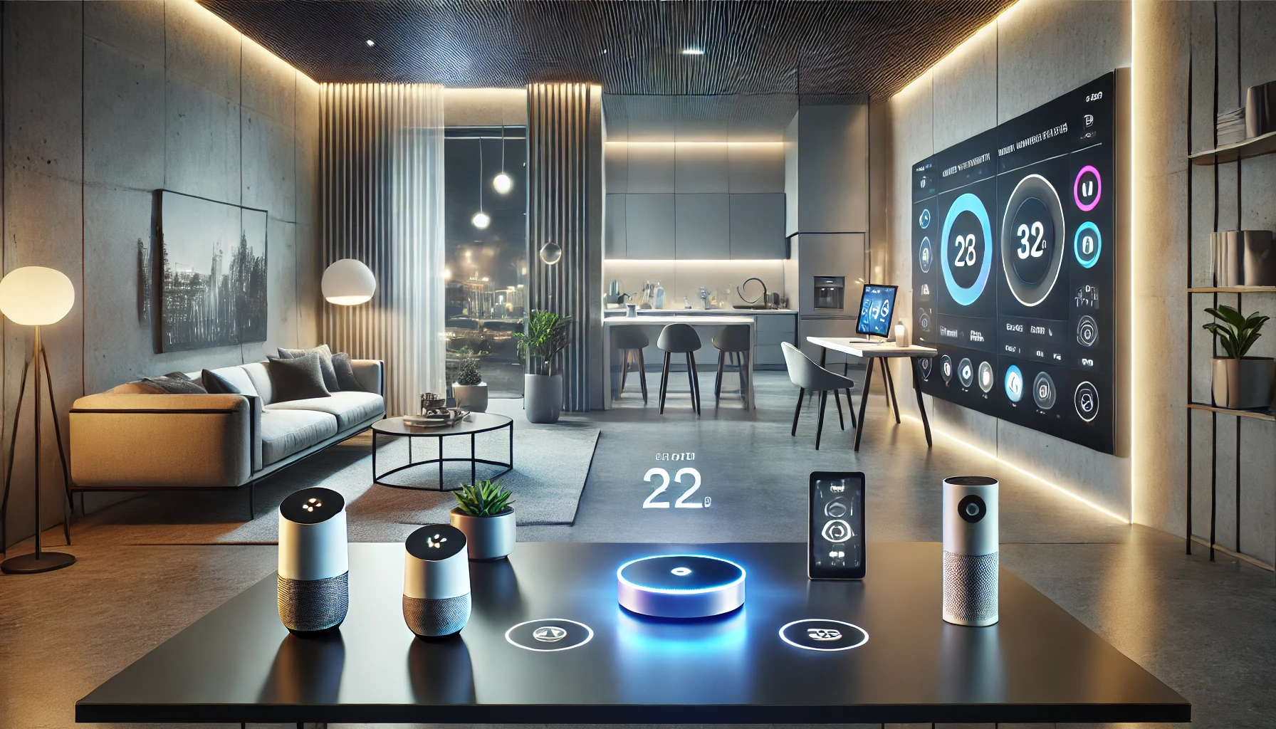 A Voice Controlled Home Automation System managing smart lights, thermostat, and devices in a futuristic home