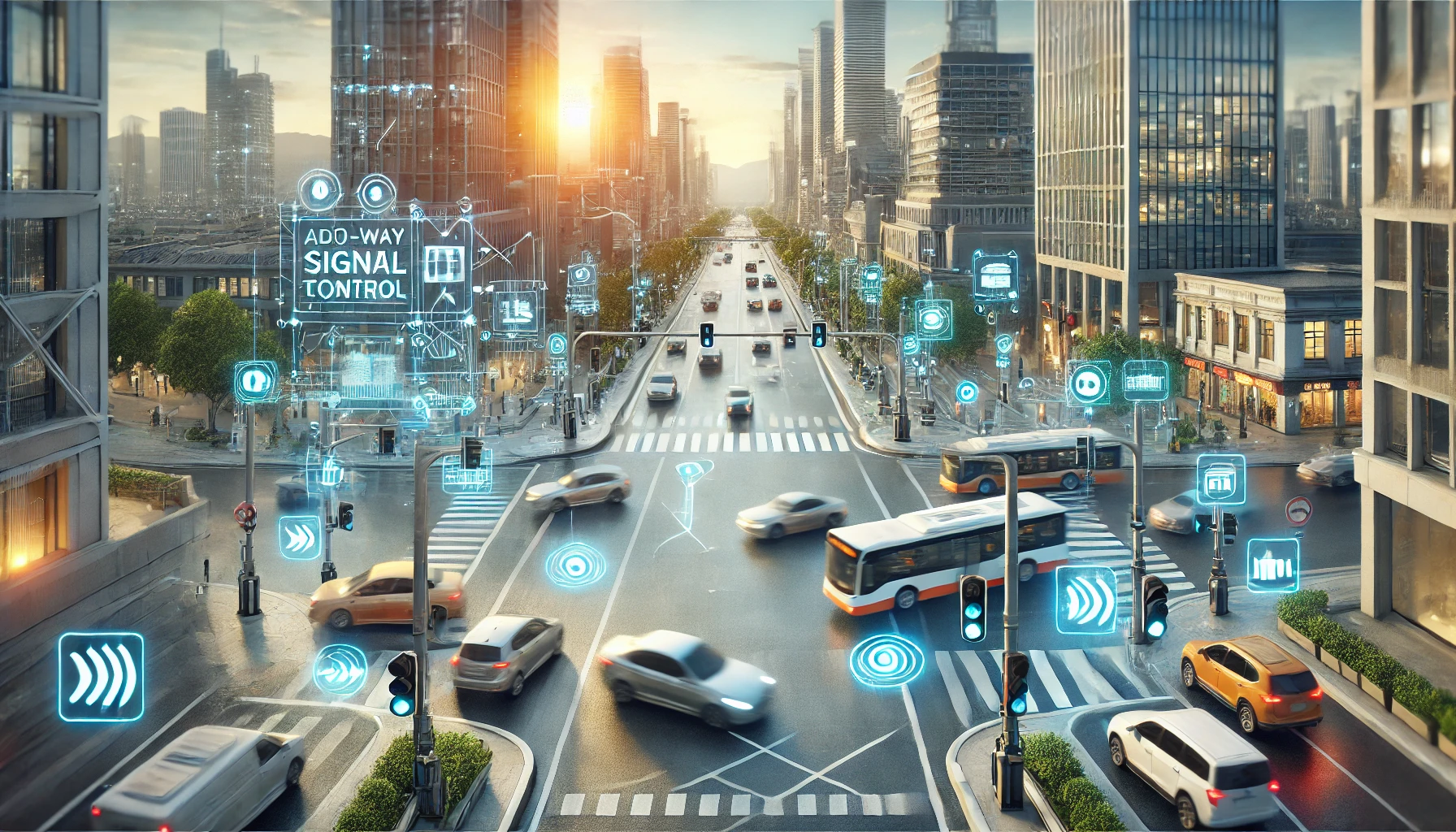 A bustling urban intersection featuring a one-way automated signal traffic control system with sensors, cameras, and communication devices integrated into traffic lights and surrounding infrastructure