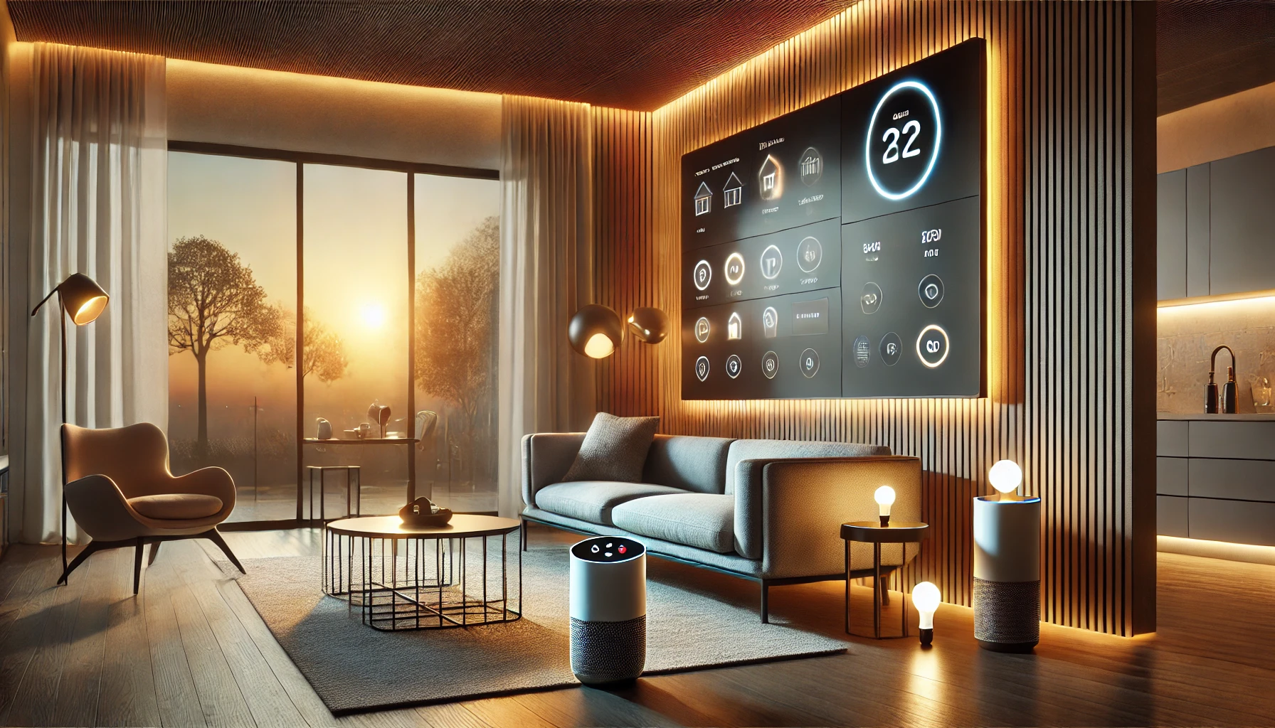  A cozy living room showcasing a Voice Controlled Home Automation System with smart devices and warm lighting