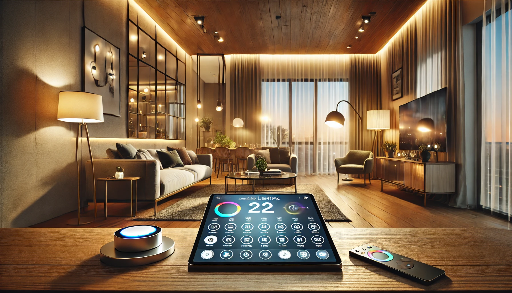 A cozy living room showcasing advanced home lighting automation with smart bulbs, switches, and an app interface.