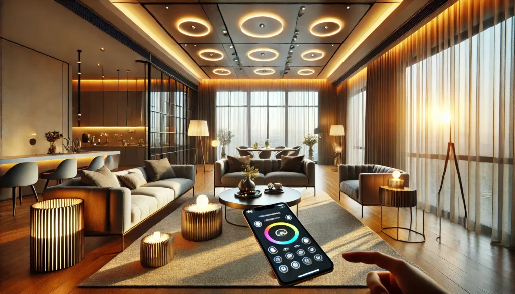 A cozy modern living room showcasing Home Lighting Automation with smart LED lights and smartphone controls.