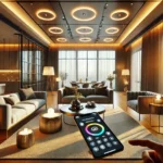 A cozy modern living room showcasing Home Lighting Automation with smart LED lights and smartphone controls.