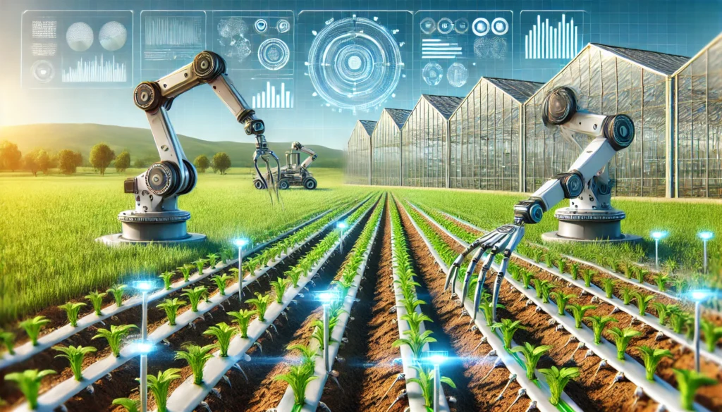 A futuristic agricultural field showcasing Automated Planting systems optimizing crop growth.