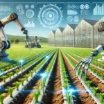 A futuristic agricultural field showcasing Automated Planting systems optimizing crop growth.