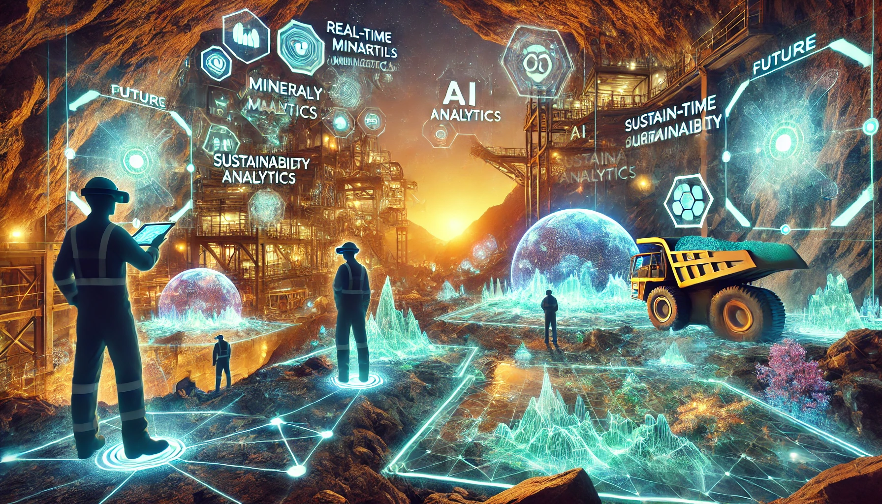 Mining augmented reality showcasing futuristic AR tools, AI-driven robots, and real-time data overlays underground