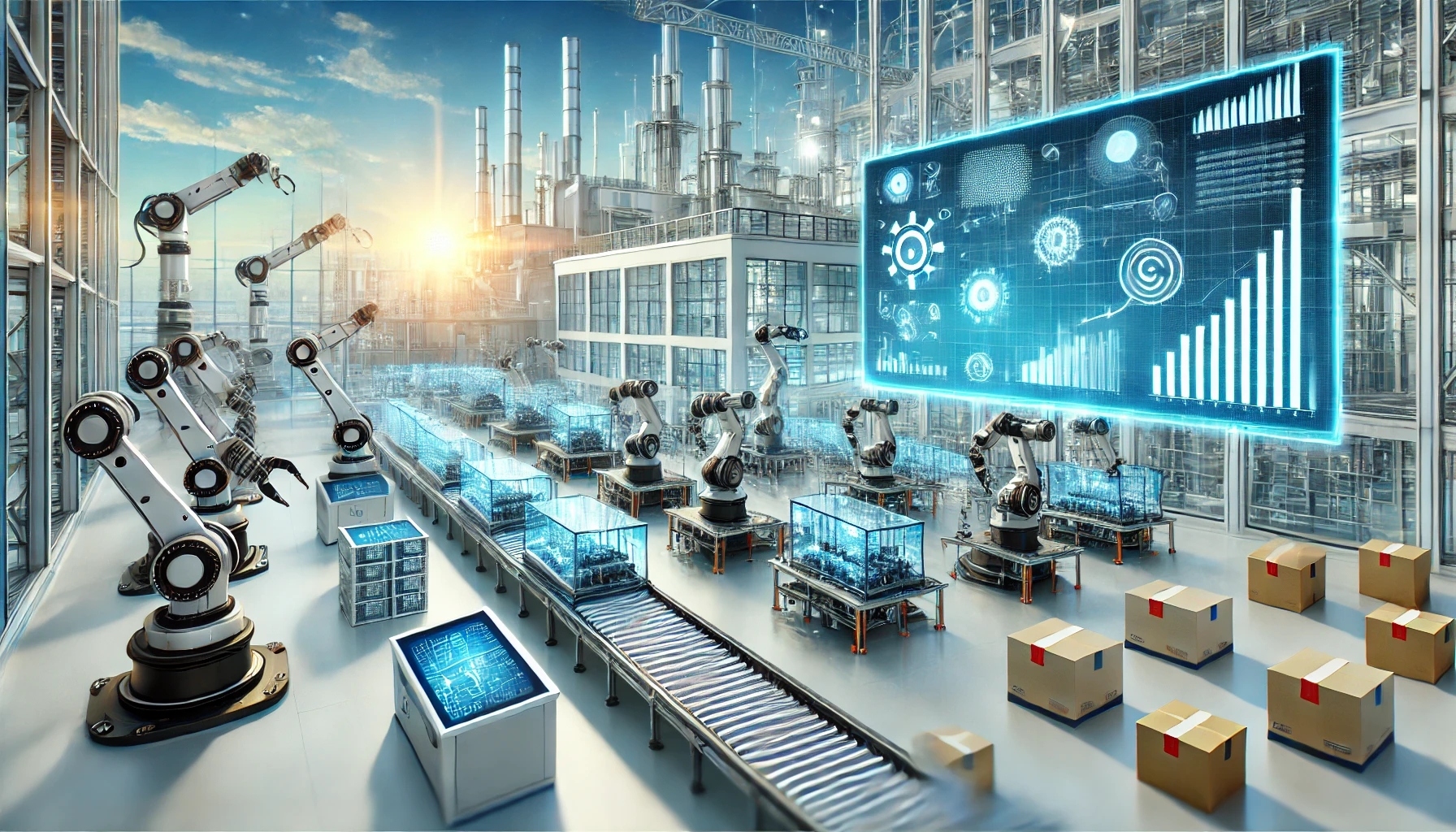 A futuristic automation manufacturing industry with robotic arms, data displays, and modern design.