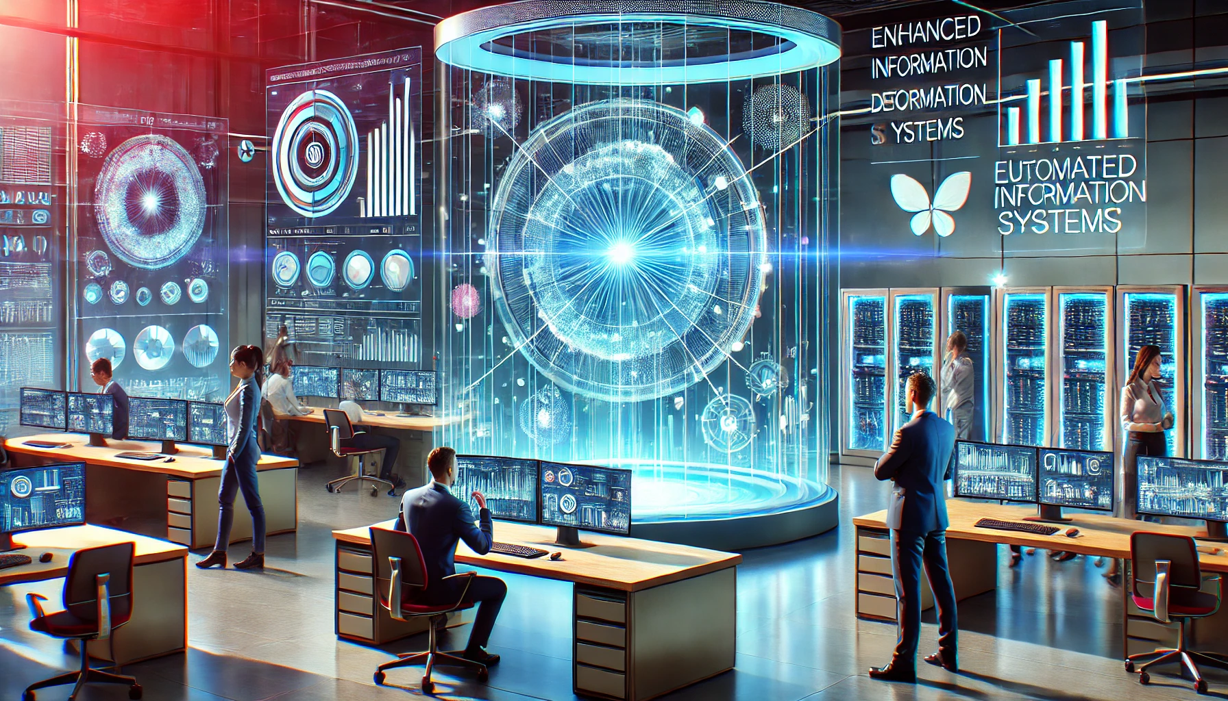 A futuristic office showcasing automated information systems with real-time data displays.