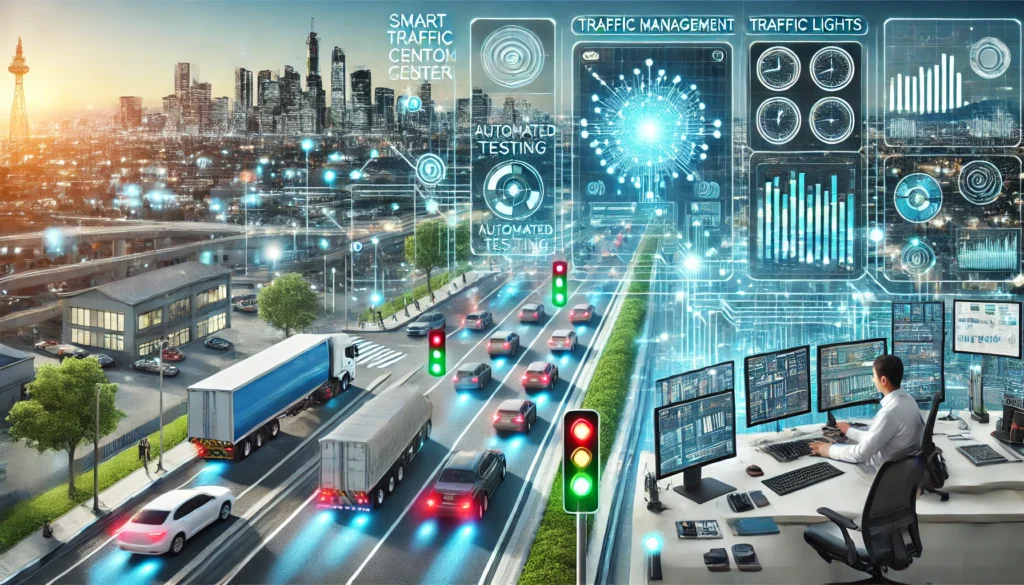 A high-tech urban traffic management scene with advanced Traffic Controller Automated Testing Tools in action.