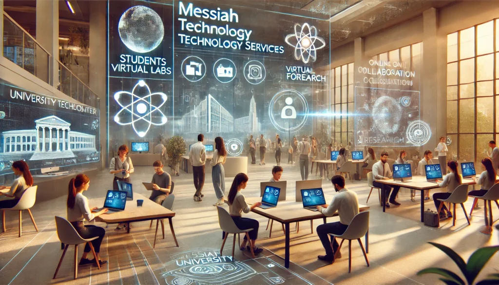 A modern and welcoming university technology center, symbolizing Messiah University Technology Services. The scene includes students and staff setting.webp