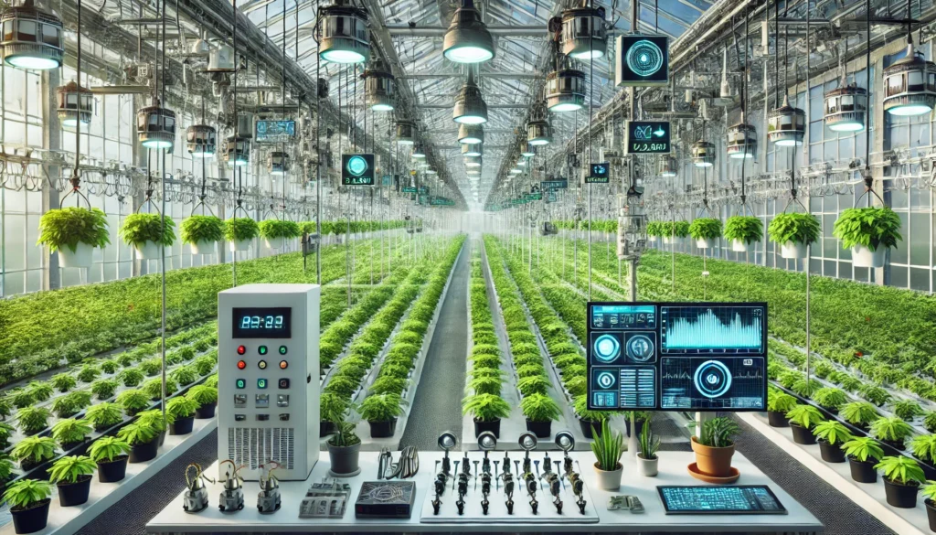 A modern automated greenhouse showcasing advanced monitoring and control systems