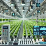 A modern automated greenhouse showcasing advanced monitoring and control systems