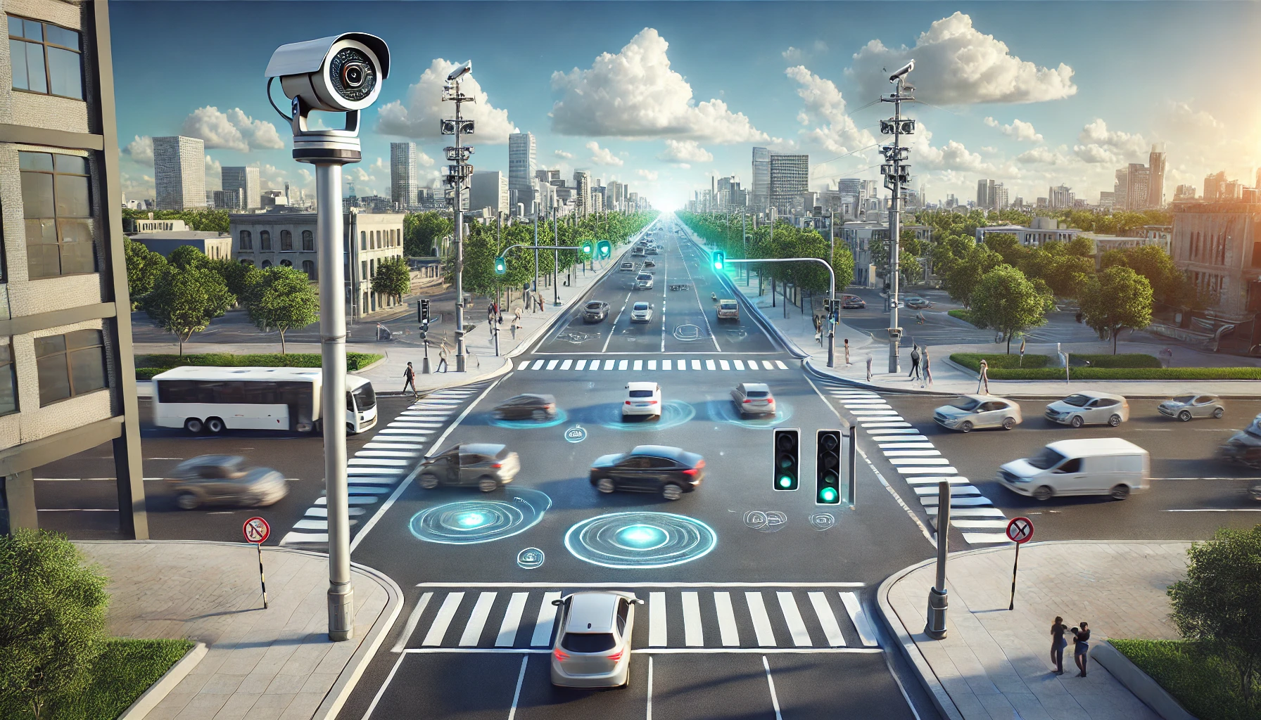 A modern cityscape showcasing an Automated Traffic Control System with smooth traffic flow.