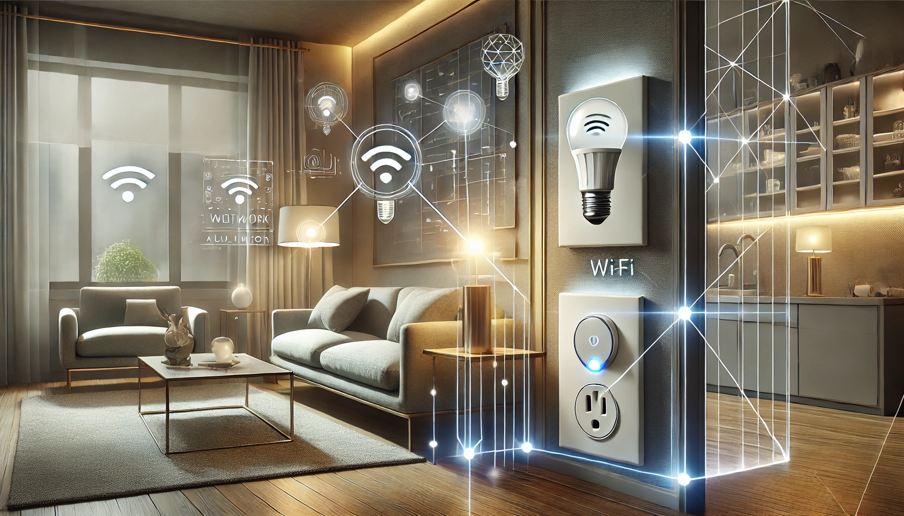 A modern smart home featuring automated lighting installation, with dynamic lighting controlled via a smartphone app