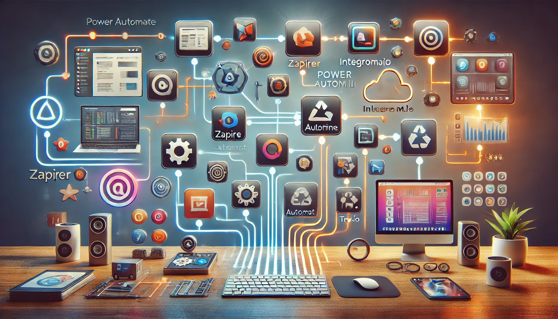 A modern illustration of automation tools interconnected with vibrant flowcharts, showcasing Power Automate alternatives.