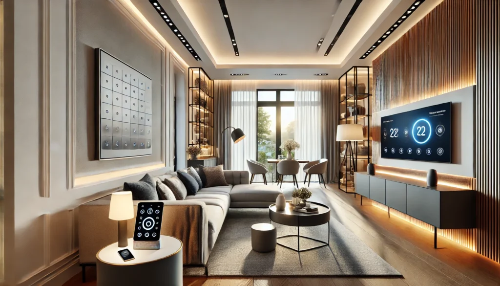 A modern living room showcasing Home Lighting Automation with smart dimmable lights and a cozy, automated ambiance.