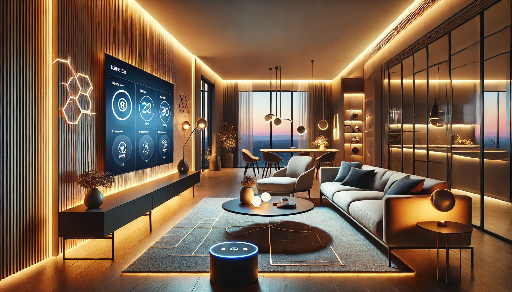 A modern living room showcasing advanced home lighting automation with ambient LED and pendant lights.